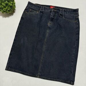 Vintage Y2K Long Modest Dark Wash Striped Denim Jean Pencil Skirt Size Laege